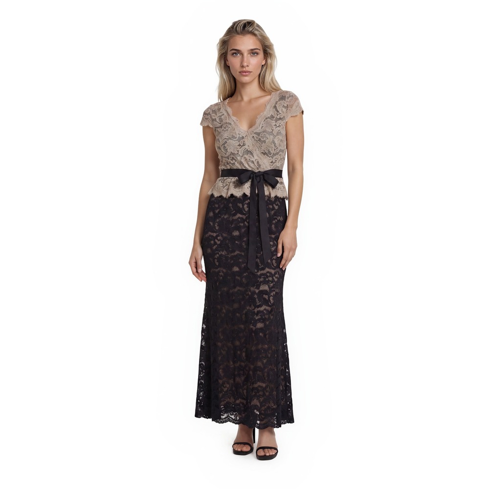 Adrianna Papell Evening Gown Women's Size 6P Petite Black Champagne Lace Dress